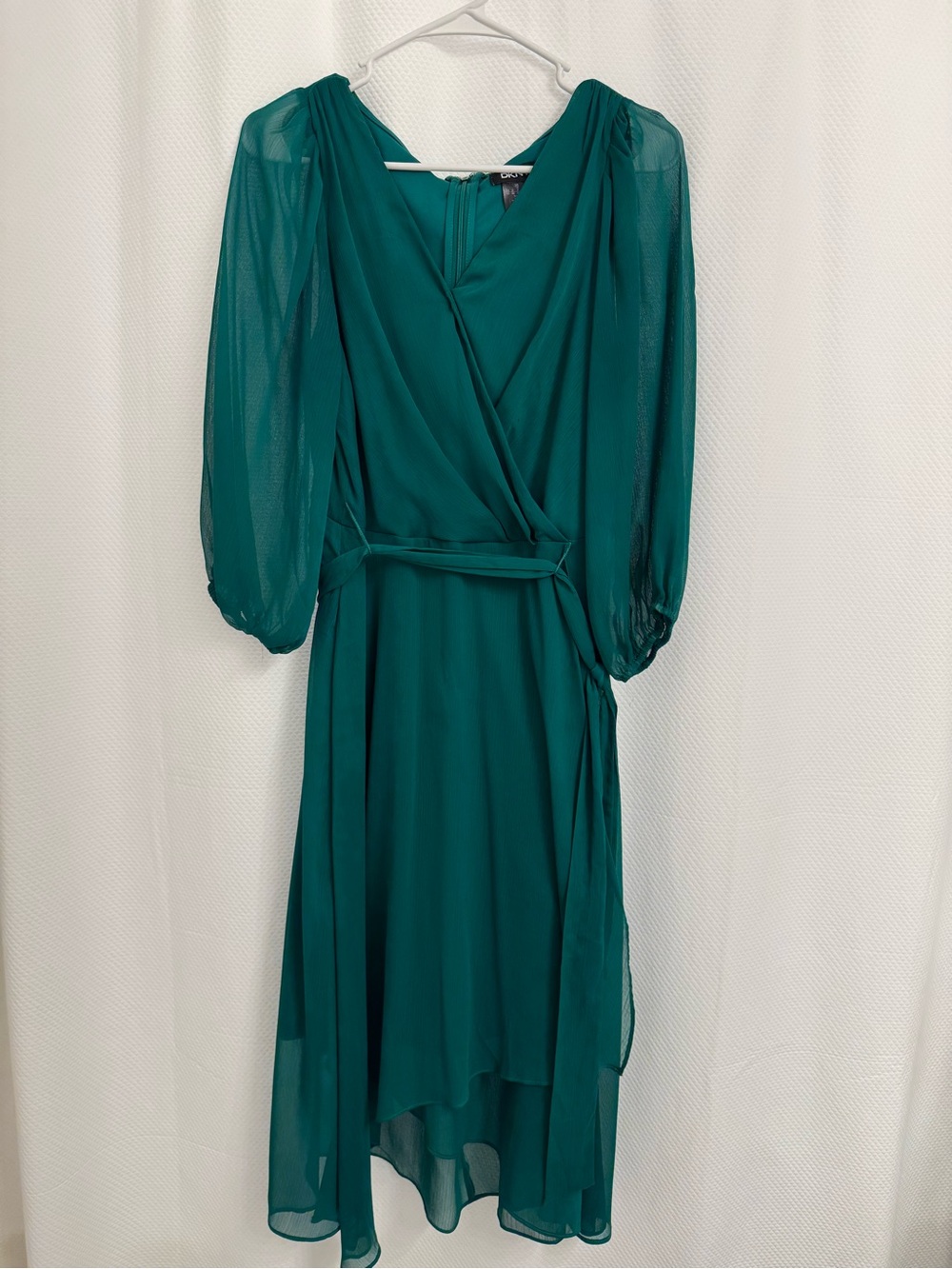 Women's Teal Wrap Midi Dress with Sheer Sleeves